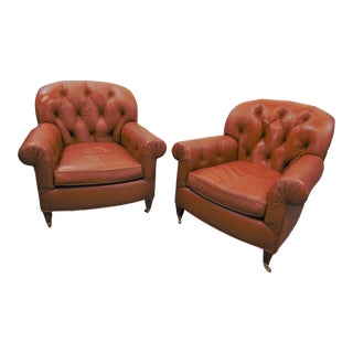 Italian Leather Tufted Club Chairs - a Pair For Sale