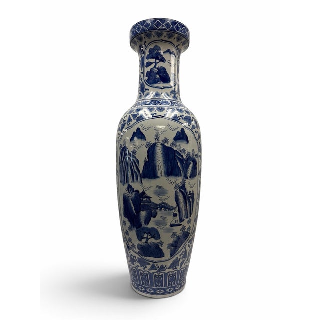 Monumental 46.5" Chinese Blue & White Porcelain Landscape Floor Vase For Sale - Image 4 of 7