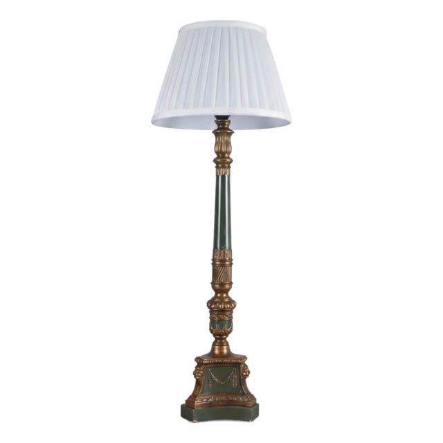 Vintage Neoclassical Green and Brass Table Lamp with Pleated Shade, 1950s For Sale