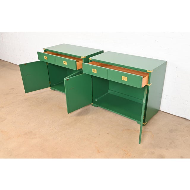 Thomasville Mid-Century Hollywood Regency Campaign Green Lacquered Bar Cabinets, Newly Refinished For Sale In South Bend - Image 6 of 13