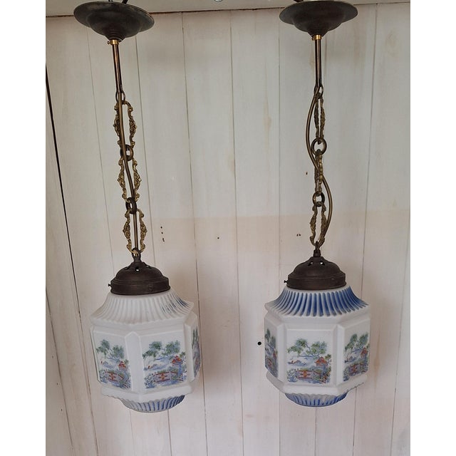 Antique German Art Nouveau Pendants with Opaque White Glass Shades, Japanese Motifs and Brass Mounts, 1900s, Set of 2 For Sale - Image 4 of 9