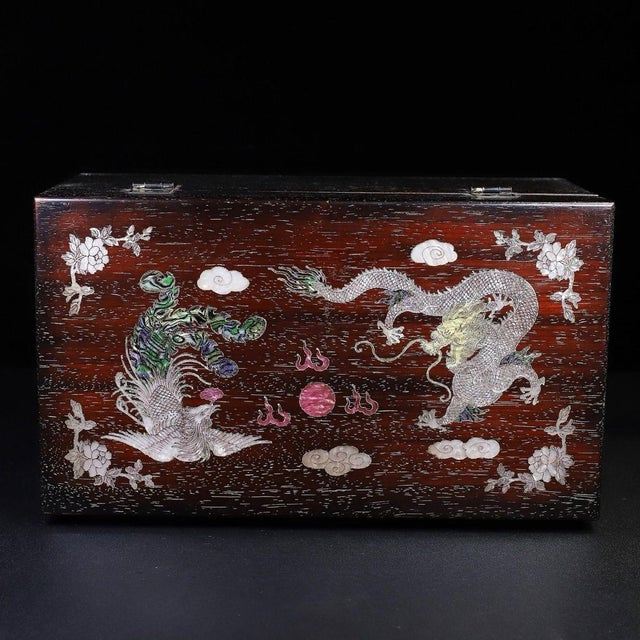 Zitan Wood Box Inlaid With Mother-of-Pearl Dragon & Phoenix For Sale - Image 4 of 10