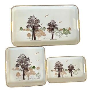 Vintage MCM Woodland Shaddy Nesting Serving Trays – Set of 3 – Made in Japan – Gold Trim For Sale