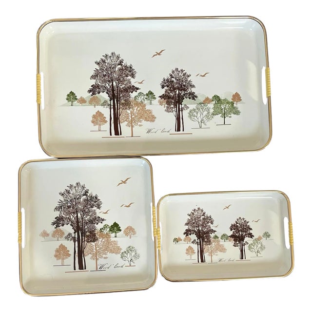 Vintage MCM Woodland Shaddy Nesting Serving Trays – Set of 3 – Made in Japan – Gold Trim For Sale