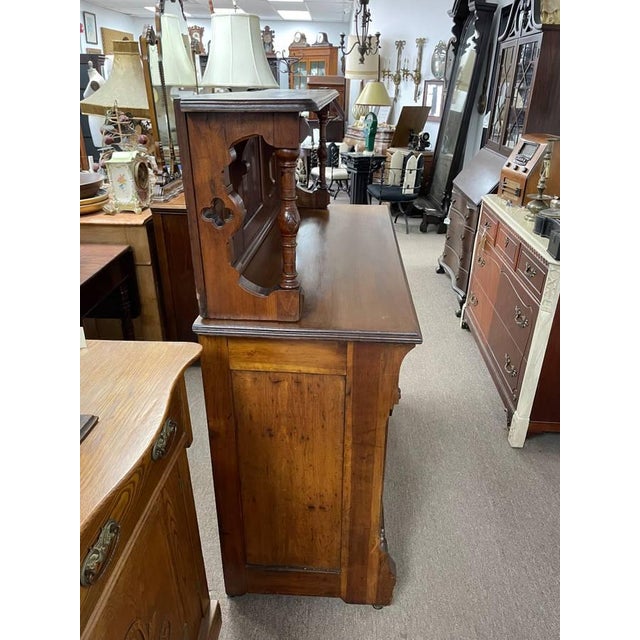 American 100+ Year Old Hutch Cabinet, Burl Wood Inlay, Hand Carved, Beautiful Antique For Sale - Image 3 of 12