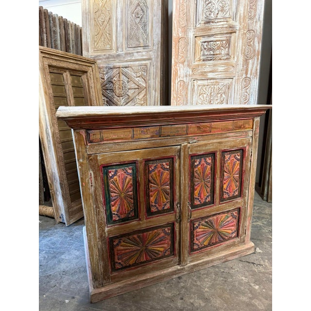 Mid-Century Modern Antique Boho Vanity Hand-Carved Pink Sideboard Cabinet With Sunburst Doors For Sale - Image 3 of 8