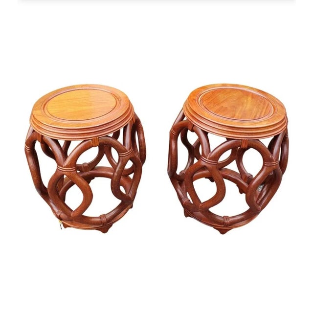 Wood Pair of Chinese Solid Rosewood Faux Rattan Garden Style Stools or Side Tables For Sale - Image 7 of 10