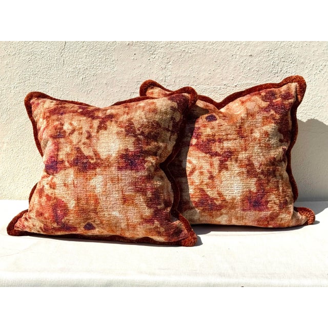 Mid-Century Modern Pair New Pillows: Sumptuous Variegated Orange Boucle Velvet With Triple Ply Silk Moss Fringe. 50/50 Down Fill All New For Sale - Image 3 of 12