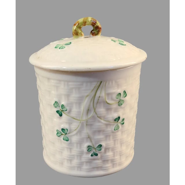 Traditional Vintage Belleek Lidded Jar "Shamrock" Green Mark For Sale - Image 3 of 7