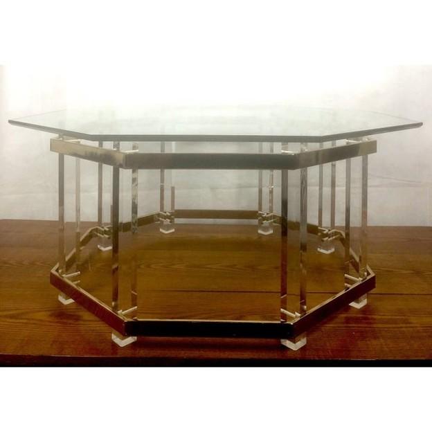 Charles Hollis Jones stylish vintage hexagonal 1/2" beveled glass top coffee table with square lucite legs and brass...