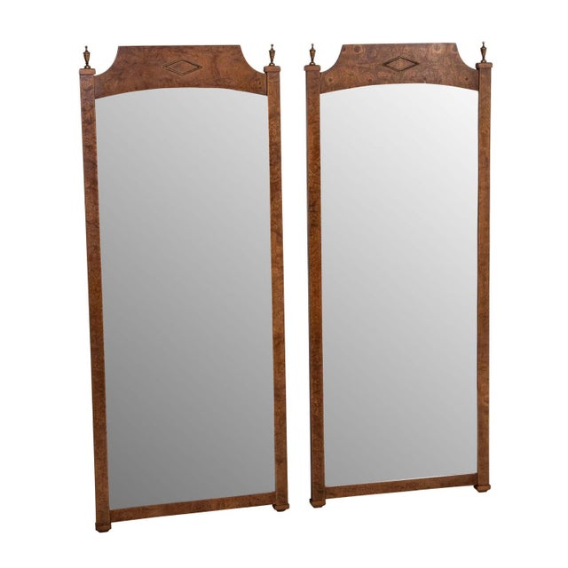 Wood Pair Burled Walnut Mirrors With Brass Finials For Sale - Image 7 of 13