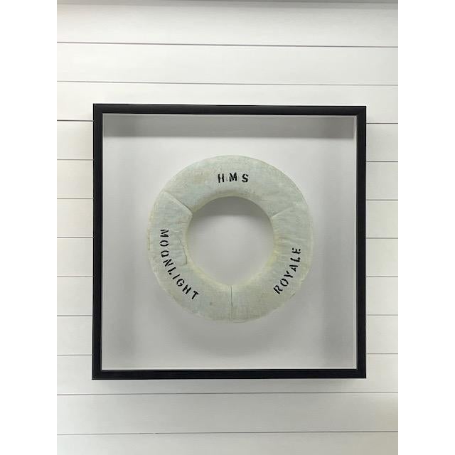 Vintage White lettered "HMS Moonlight Royale" Life Ring. Framed 32x3x32. Professionally framed in a custom made all-wood...