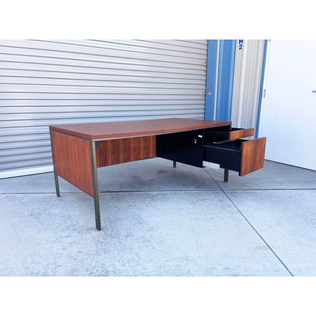 1960s Mid Century Walnut and Metal Executive Desk Styled After Knoll For Sale - Image 9 of 12