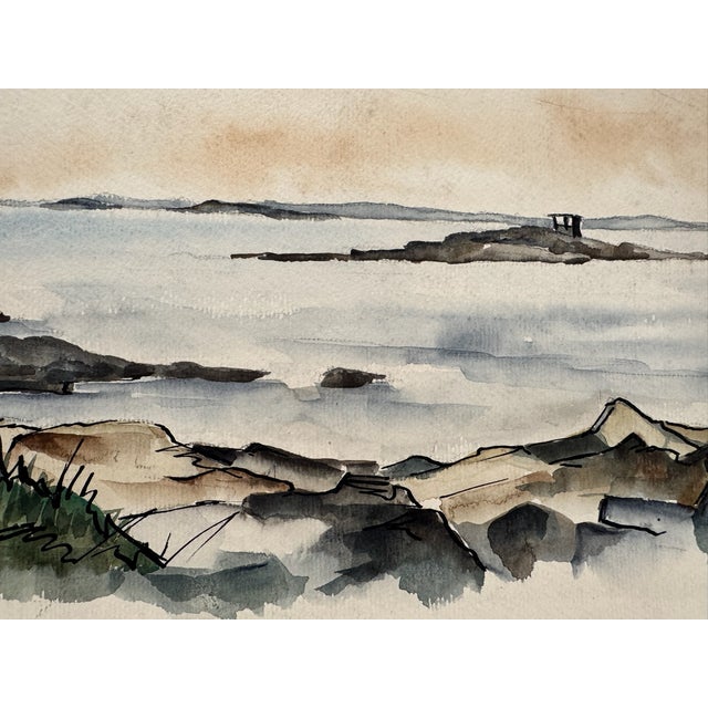 Rustic Henry Emil Salloch Original Watercolor on Paper Serene Coastal Seascape, Mt Desert. 1952. For Sale - Image 3 of 7