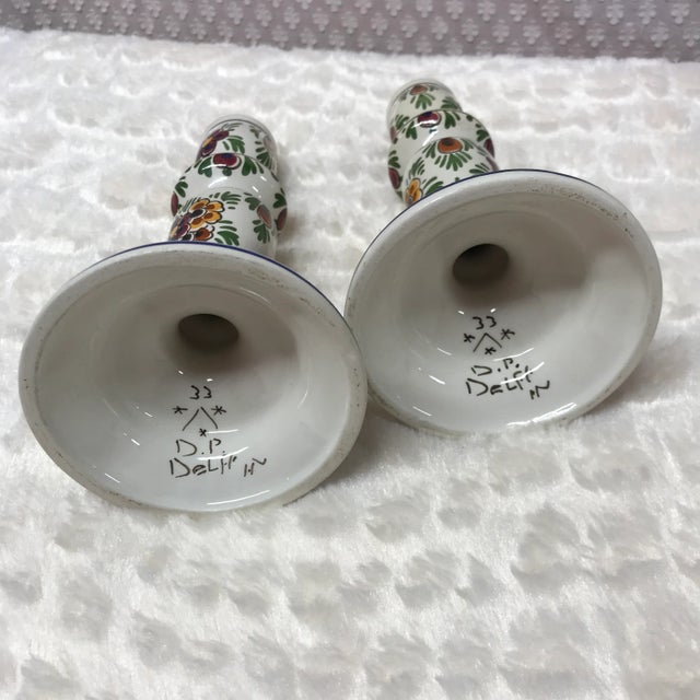 Ceramic Pair of Vintage Delft Polychomatic Floral Candlestick Holders For Sale - Image 7 of 10