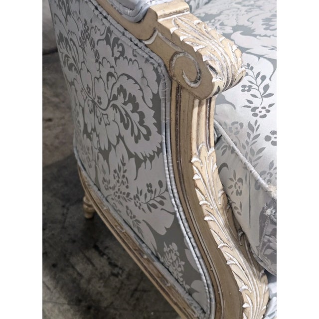 Late 20th Century Late 20th Century Stickley Louis XVI Style Enamel Painted Blue Damask Upholstered Canapé Settee For Sale - Image 5 of 13