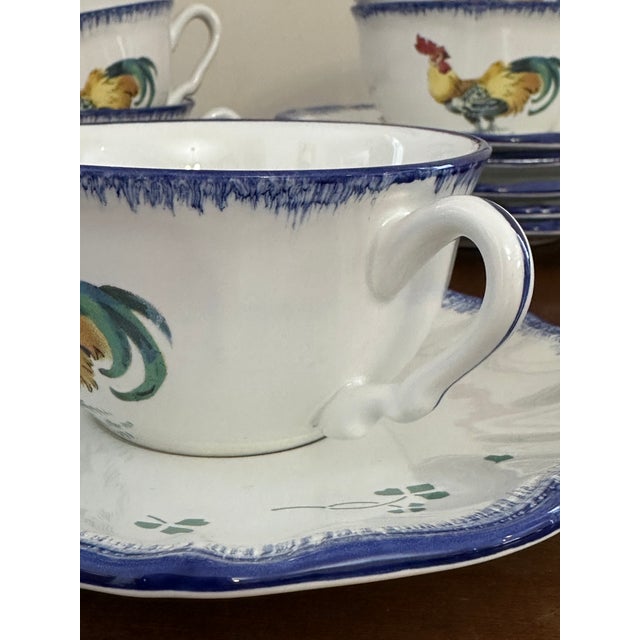 Farmhouse Lunéville “Les Coqs” Rooster Cup and Saucers – Set of 6 French Country Farm Pattern For Sale - Image 3 of 7