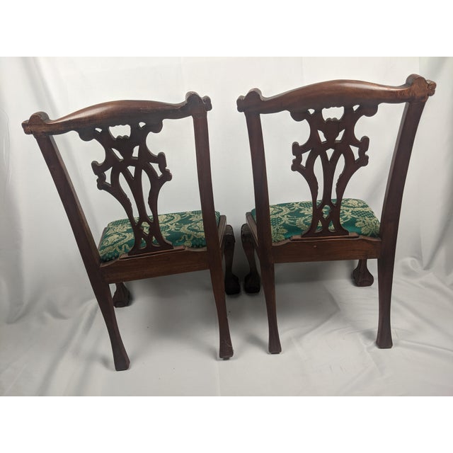 Wood Pair of Antique Carved Wood Chippendale Style Side Chairs With Green Brocade Seats For Sale - Image 7 of 18