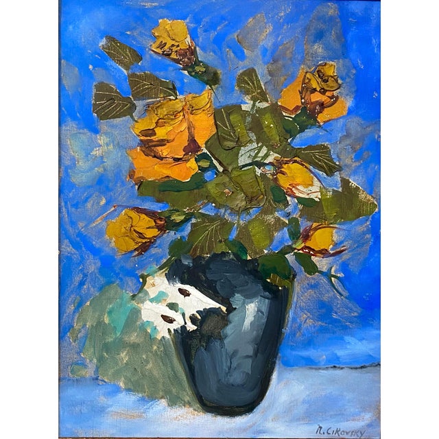 Nicolai Cikovsky, Modernist Floral Oil Painting Roses, Flowers in Vase WPA Artist Nicolai Cikovsky For Sale - Image 4 of 7