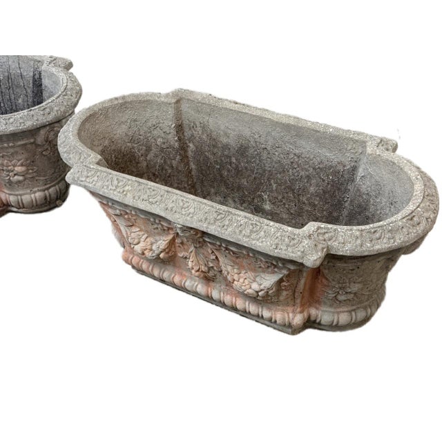 French Neoclassical Style: Pair of Cast Stone Garden Planters Early to Mid-20th Century This handsome pair of French cast...