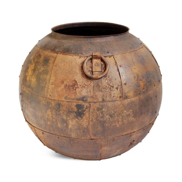 Industrial farmhouse style aged iron round ball shaped pot from India. Original rivet details and ring handles. Beautiful...