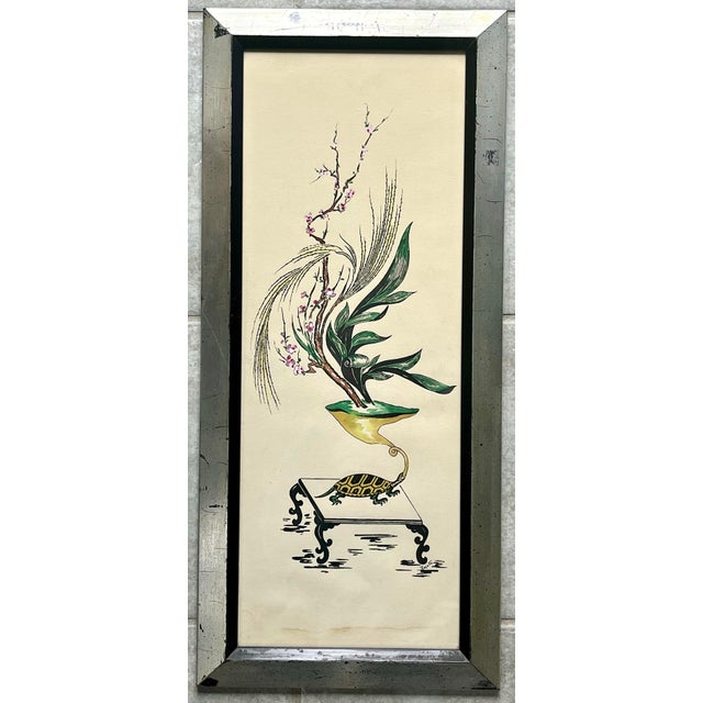 Mid-Century Chinoiserie style surrealist original watercolor gouache paintings. This tall 29" high pair of paintings...