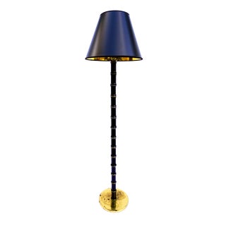 Vintage Faux Bamboo Floor Lamp | Black & Gold Hollywood Regency Lighting For Sale