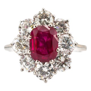 Vintage 18k White Gold Gia 3.93ctw Burma Ruby Halo Diamond Floral Cocktail Ring, Size 6.5 For Sale