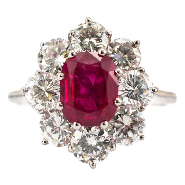 Vintage 18k White Gold Gia 3.93ctw Burma Ruby Halo Diamond Floral Cocktail Ring, Size 6.5 For Sale
