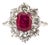 Vintage 18k White Gold Gia 3.93ctw Burma Ruby Halo Diamond Floral Cocktail Ring, Size 6.5 For Sale