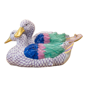 Rare/Retired Vintage Herend Hungary Porcelain Large Pair of Ducks Figurine – Purple / Lilac Fishnet