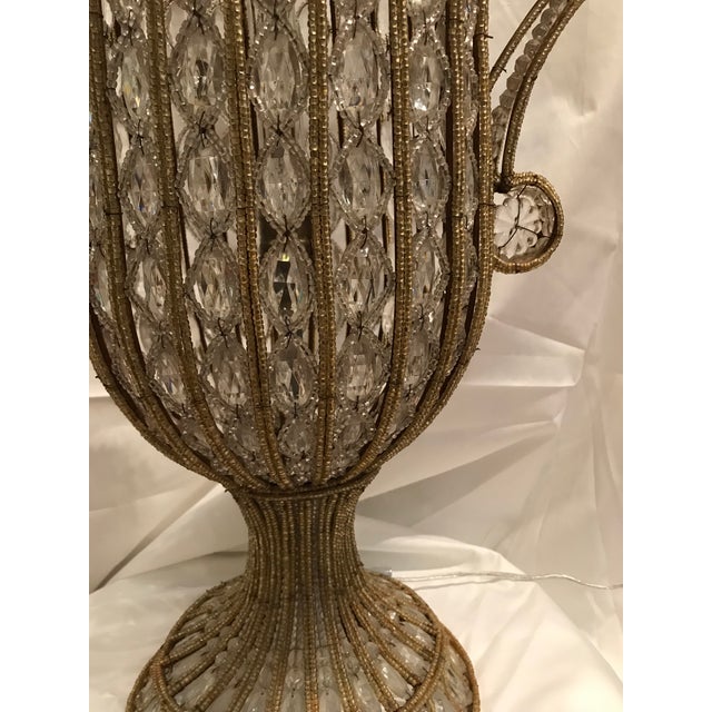 Metal 1930’s Hand Beaded Urn Lamp Deco Italian Crystal Tall Table Lamp For Sale - Image 7 of 8