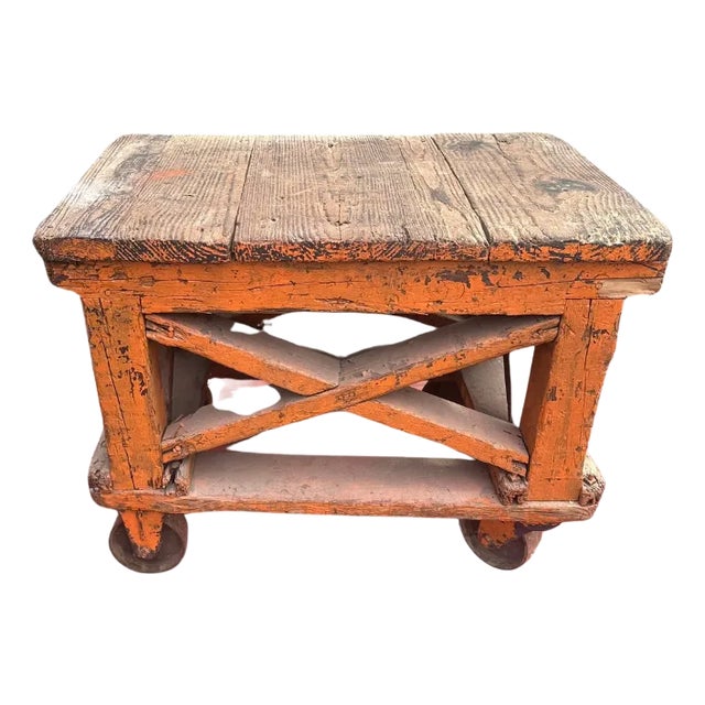 Industrial Factory Trolley in Old Orange Paint For Sale