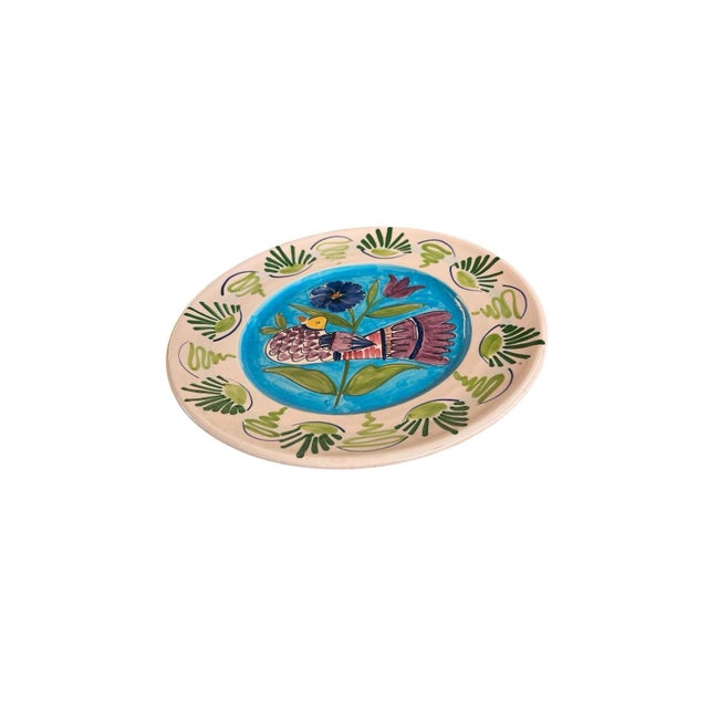 Vintage Italian Hand-Painted Majolica Ceramic Wall Plate – Bird & Tulip Motif For Sale - Image 4 of 12