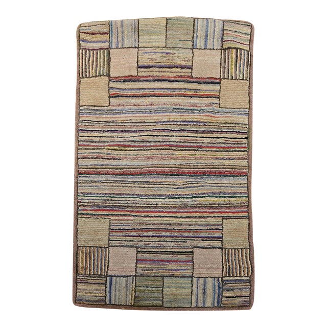Vintage American Hand Hooked Rug, Folk Art, Geometric Stripe Pattern, 2x3 For Sale
