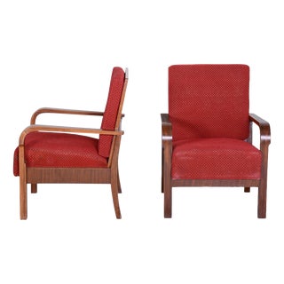 Czech Art Deco Upholstered Walnut Lounge Chairs, 1930s, Set of 2 For Sale