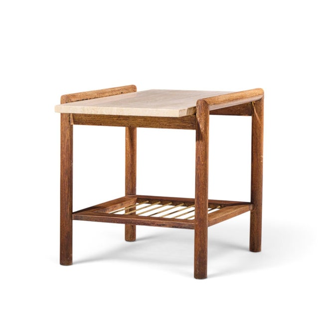 Dux Style Mid Century Travertine and Oak Side End Tables - Pair For Sale - Image 9 of 11