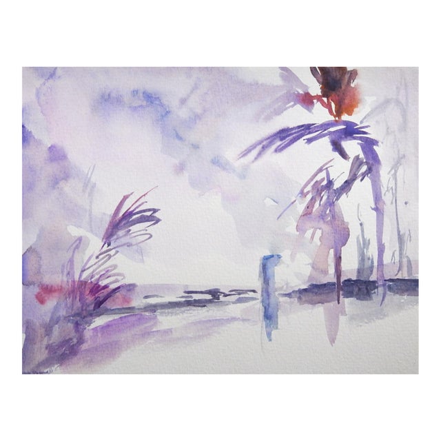 Contemporary Purple Plein Air Coastal Watercolor Painting For Sale