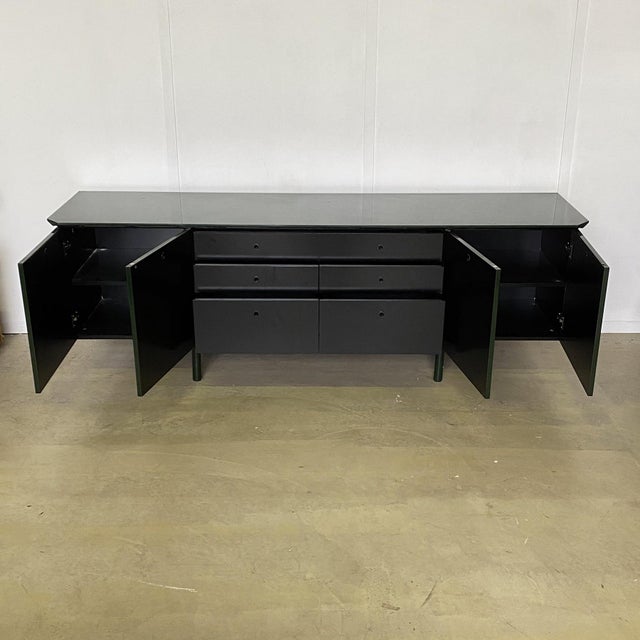Green Lacquered Wood Sideboard with Metal Feet Frame & Smoked Glass Top, 1970s For Sale - Image 6 of 18
