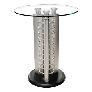 Post Modern Round Glass and Metal Hightop Accent Table With Chrome Detailing For Sale