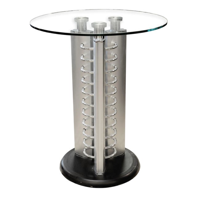 Post Modern Round Glass and Metal Hightop Accent Table With Chrome Detailing For Sale