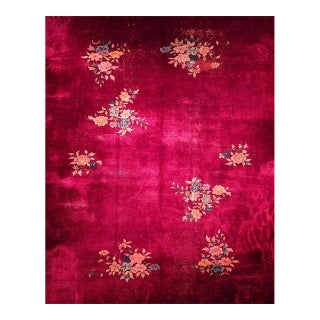 Antique Chinese Art Deco Rug, Hand-Knotted Wool, Crimson Floral Design, 10x14 For Sale
