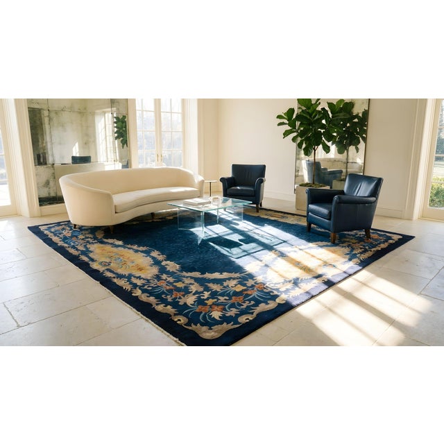 1920s Blue Navy Traditional Antique Chinese Art Deco Carpet 9'6" X 13'2" Knotted Wool Rug For Sale - Image 14 of 14