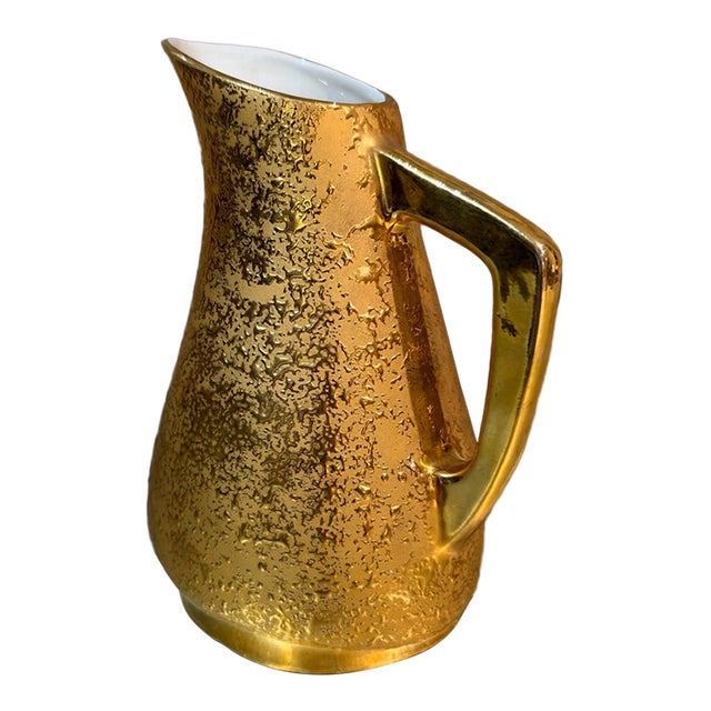 Vintage Mid-Century Modern 22k Weeping Bright Gold Ceramic Pitcher Le Mieux For Sale