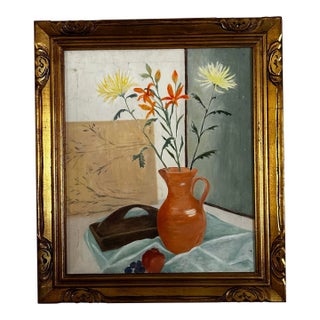 Mid Century Vintage Large Floral Still Life Oil Painting on Canvas Yellow Flowers For Sale