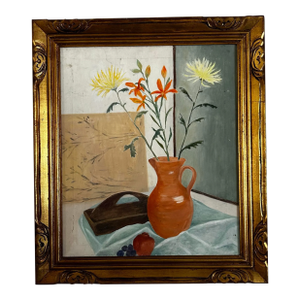 Mid Century Vintage Large Floral Still Life Oil Painting on Canvas Yellow Flowers