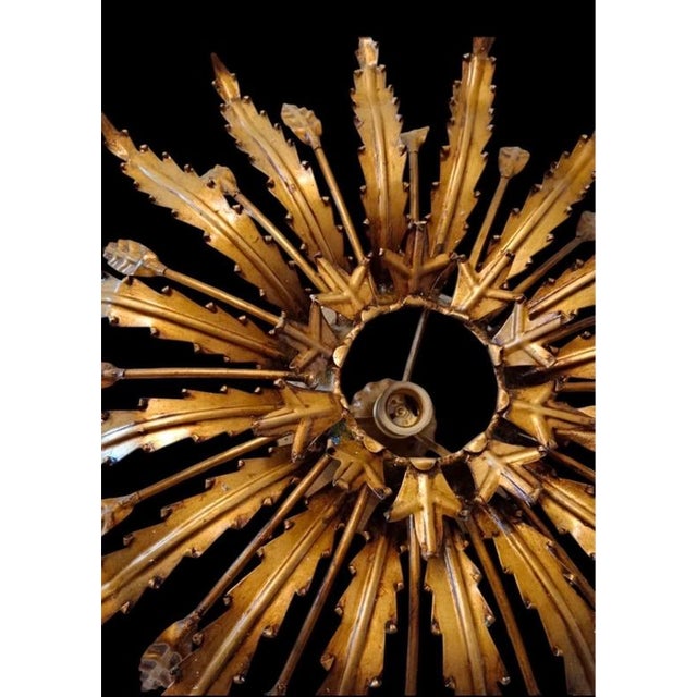 Large Spanish Sunburst Flush Mounts in Gilt Metal with Support Pair, 1950, Set of 2 For Sale - Image 6 of 10