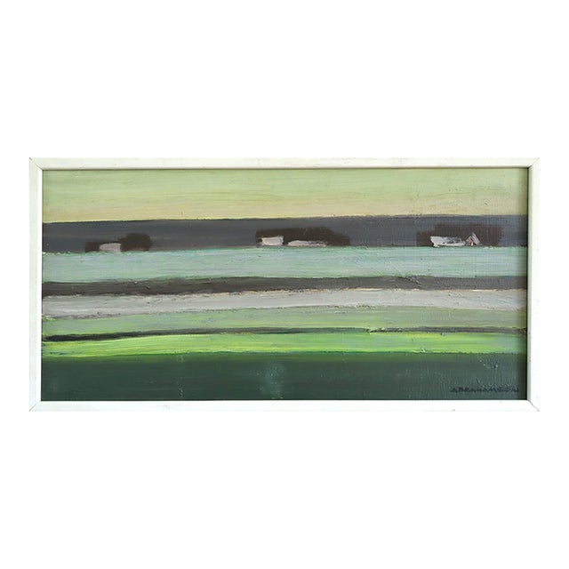 1970 Modernist 'Houses on the Horizon' Original Vintage Swedish Abstract Landscape Oil Painting, Framed For Sale
