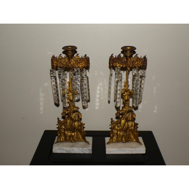 Metal Pair Antique Victorian Girandoles Brass Marble Crystal Candelabra Candle Holders For Sale - Image 7 of 15