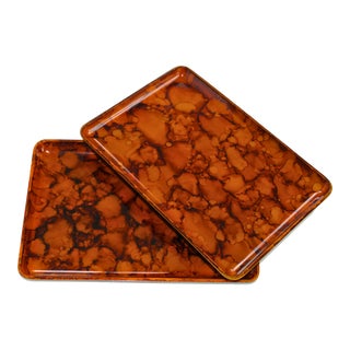 Retro Lacquered Otagiri Hand Crafted Burl/Tortoise Shell Design Trays Set of 2 For Sale